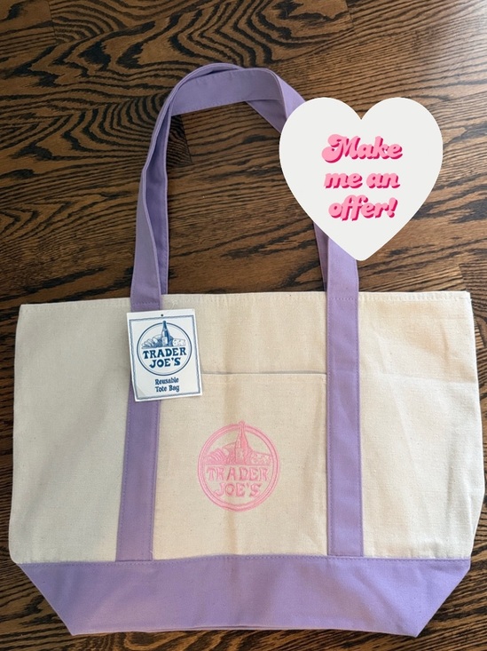 Trader Joe'S Handbags - Trader Joe's Cream and Lavender Canvas  Large Tote New With Tags HTF
